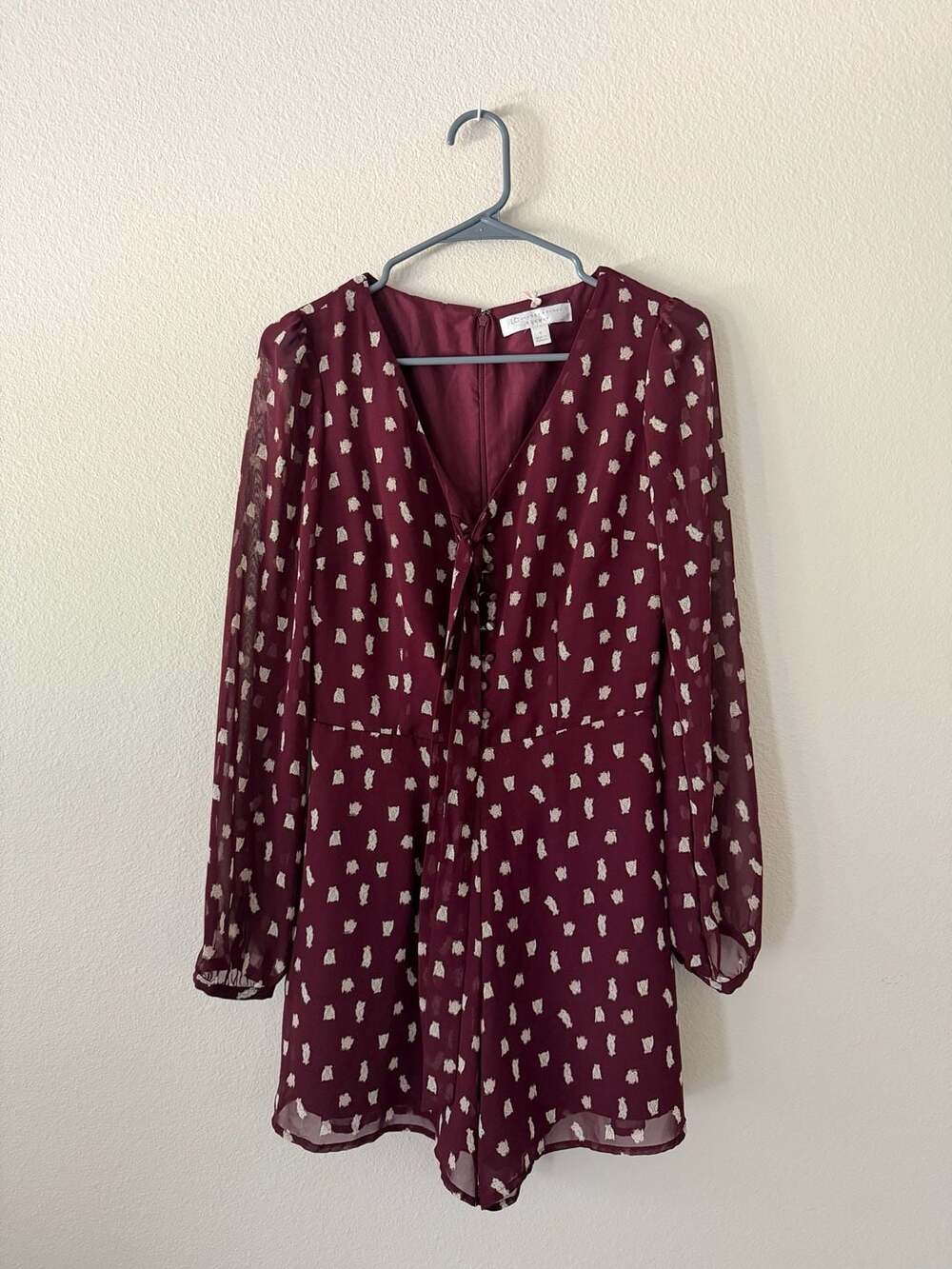 LC Lauren Conrad Runway Size 4 Burgundy Owl Print Long Sleeve Romper w/ POCKETS